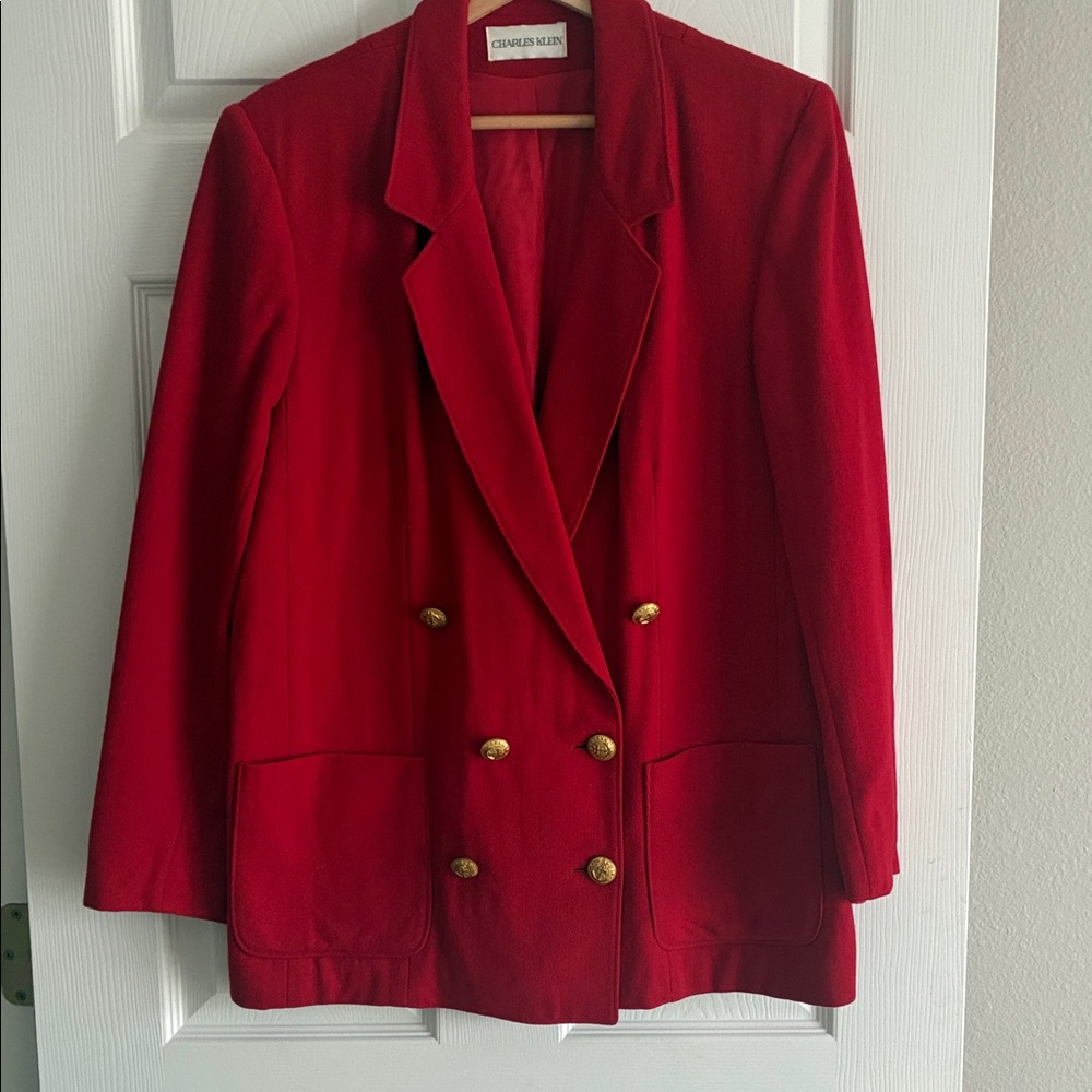 Charles KleinBold Red Blazer with Gold Buttons Vintage Size 14  100% Pure Wool